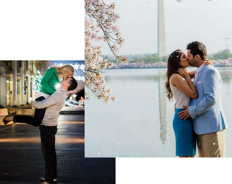 A couple kissing in front of the water.