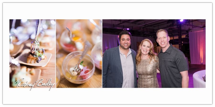 Wedding celebration at Dock 5 with guests enjoying gourmet appetizers and desserts, featuring a smiling group of three attendees, captured by Rodney Bailey for Engaging Affairs' 20th Anniversary Bash.