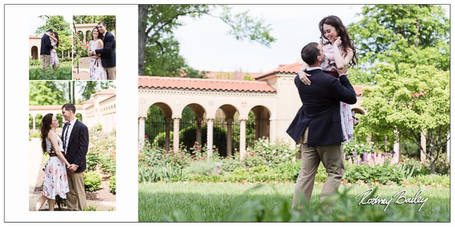 Engagement photography session at St. Francis Hall, couple embracing in a garden setting, showcasing romance and joy, captured by Rodney Bailey.