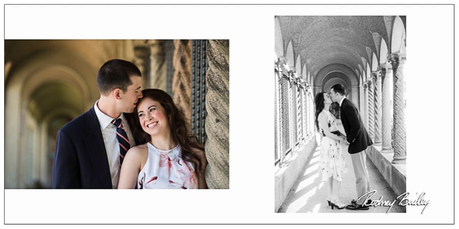 Couple sharing an intimate moment at St Francis Hall, showcasing engagement photography in a romantic setting with Renaissance architecture.