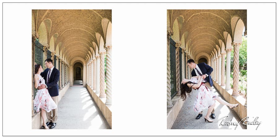 Couple in engagement session at St. Francis Hall, Washington, DC, showcasing romantic poses in a picturesque colonnade with arches and natural light.