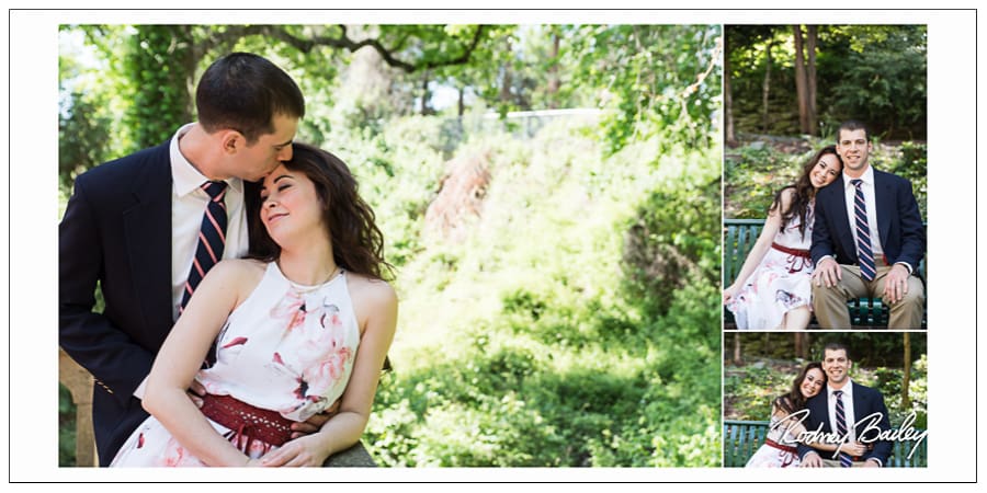 Couple embracing in a romantic pose during engagement photography session at St. Francis Hall, showcasing love and connection amidst a lush green backdrop.
