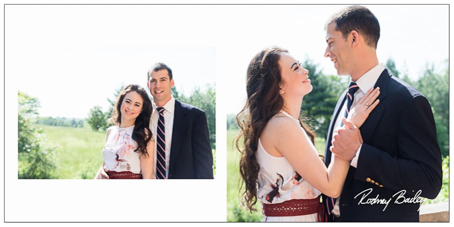 Judy and Joseph smiling together during their engagement session at St. Francis Hall, showcasing their love and connection in a natural outdoor setting.