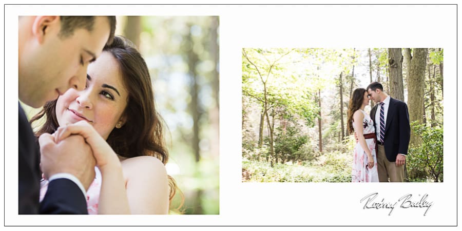 Engaged couple sharing a romantic moment in a wooded setting, showcasing intimate expressions and connection, with soft natural lighting highlighting their attire and surroundings, reflecting the engagement photography session at St. Francis Hall.