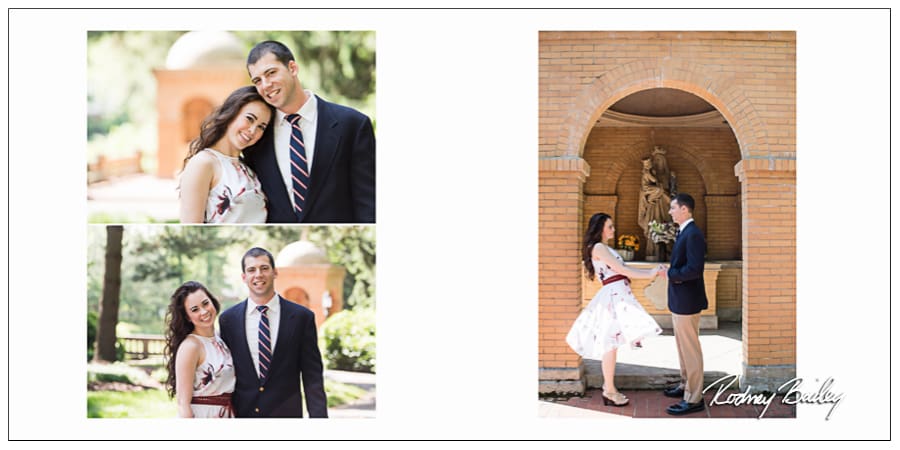 Couple posing for engagement photography at St. Francis Hall Monastery, showcasing love and joy in a Spanish-style courtyard setting.