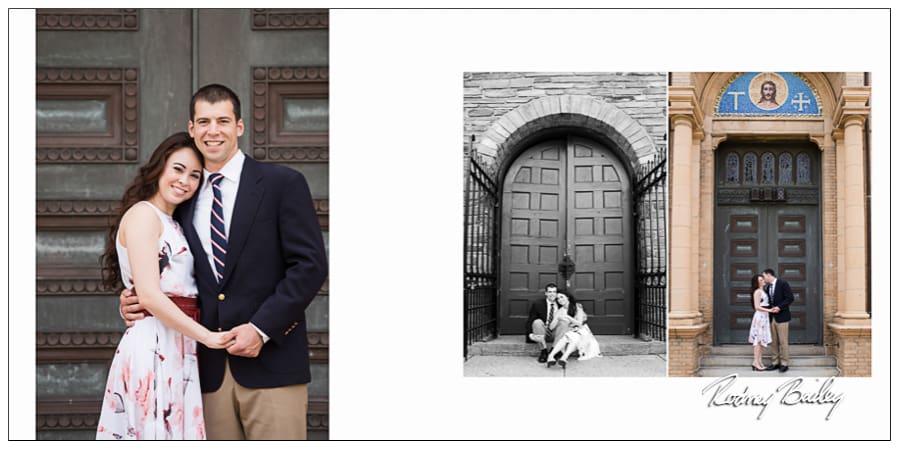 Judy and Joseph's engagement session at St. Francis Hall, featuring romantic poses in front of ornate doors, showcasing their love and the venue's architectural beauty.
