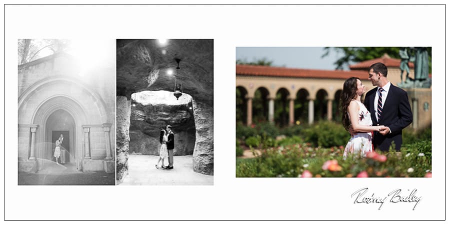 Engagement photography session featuring Judy and Joseph at St. Francis Hall, showcasing romantic moments in beautiful outdoor settings and architectural details, captured by Rodney Bailey.