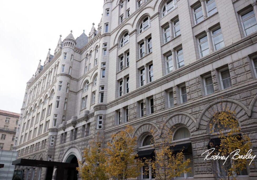 A large building with many windows and a tree